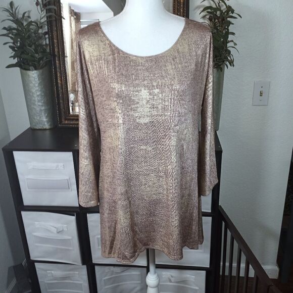 RHONDA SHEAR BLUSH & GOLD METALLIC COLD SHOULDER TOP SZ.L EUC - Picture 2 of 9